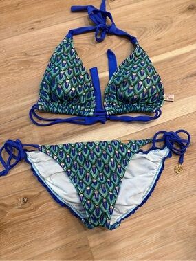 Luli Fama Blue Green Peacock Patterned Triangle Bikini Blue Kiss
